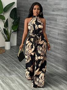 Slaydiva Mono de pierna ancha con cuello alto, bolsillos con abertura y estampado floral para vacaciones - Multicolor - Ver 5