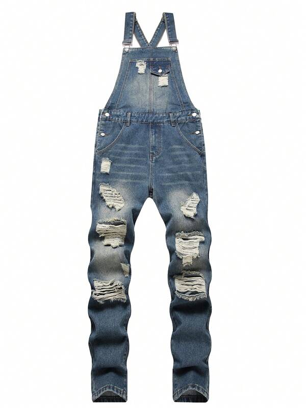 Manfinity Homme Herren Destroyed Street Wear schlichte Denim Latzhose mit Taschen und breiten Trägern, für Freunde, Ausgang