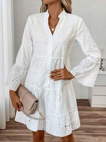 SHEIN LUNE Váy nghỉ lễ nữ cổ chữ V tay loe đính thêu dáng rộng - trắng - Xem 2