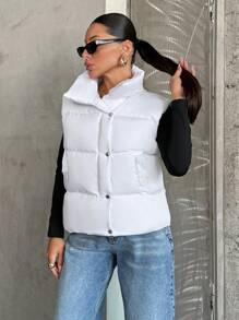 EURMUSE Short Vest With Two Pockets, Sleeves Puffer Jacket With Zip - White - View 5