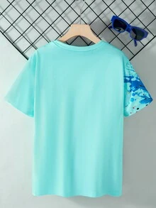 SHEIN Camiseta de moda con cuello redondo y manga corta con estampado de pintura de fútbol para niño preadolescente - Multicolor - Ver 2