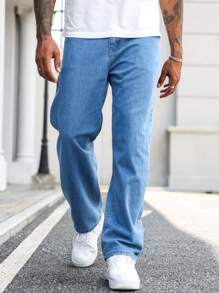 Manfinity Homme Men's Relaxed Fit Solid Color Denim Jeans With Slant Pockets - Blue - View 5