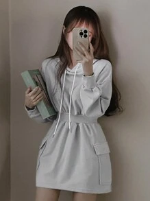 DAZY 女士实用连帽卫衣裙，短款，灰色，春夏秋装，秋季女装长袖连衣裙