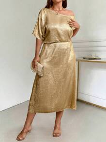 SHEIN Unity Ensemble de 2 pièces à la mode pour l'été: Haut à col asymétrique de couleur unie et longue jupe asymétrique pour femmes grandes tailles - Doré - Voir 1