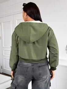 Flirla Plus Size Hooded Zip-Up Long Sleeve Casual Fashionable Jacket Fall Cloth For Women - Army Green - View 7