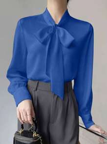 Chiquease Blusa de trabajo de manga larga de un solo color simple con lazo delantero para mujeres