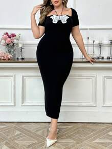 Modelyn Plus Size Elegant Short Sleeve Butterfly Floral Lace Trim Sweater Dress, Elegant Vintage Party, Long Sweater Dresses