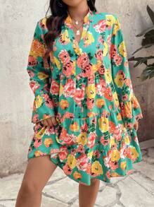 Celure Plus Size Vacation Casual Floral Allover Print Notched Neck Flare Sleeve Dress With Cutout