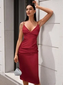 SHEIN Cottnline Solid Split Thigh Cami Dress - Red - View 5