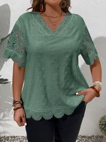 EMERY ROSE Blusa con scollo a V tinta unita, maniche corte, cuciture a giorno e ricamo, adatta per un uso casual quotidiano, taglie comode - Verde - Visualizzare 4