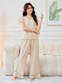 SHEIN Teen Girl's Casual Color-Block Ruffle Trim Short Sleeve Top And Pants Pajama Set - Beige - View 5