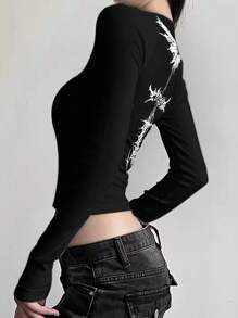 INAWLY Camiseta corta de manga larga con cuello redondo y estampado de letras góticas, en color negro con mangas raglán. Camiseta gráfica para mujer para primavera y otoño - Negro - Ver 6