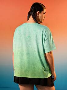 THE POWERPUFF GIRLS X SHEIN Camiseta a juego con estampado de mariposa y letras en degradado de color verde milenario talla grande para hermanas