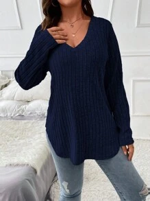 Plus Size Plain V-Neck Ribbed Long Sleeve T-Shirt Fall Cloth For Women - Navy Blue - View 6