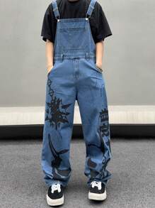 Manfinity Roghcode Men Plain Rapper Graffiti Street Wear Loose Fit Wide Leg Denim Overalls With Letter Print And Pockets For Party - Blue - View 1