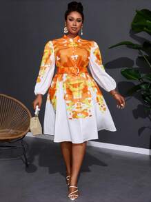 Slaydiva 优雅浪漫大码女式花卉印花 A 字形灯笼袖连衣裙 - 彩色 - 查看 4