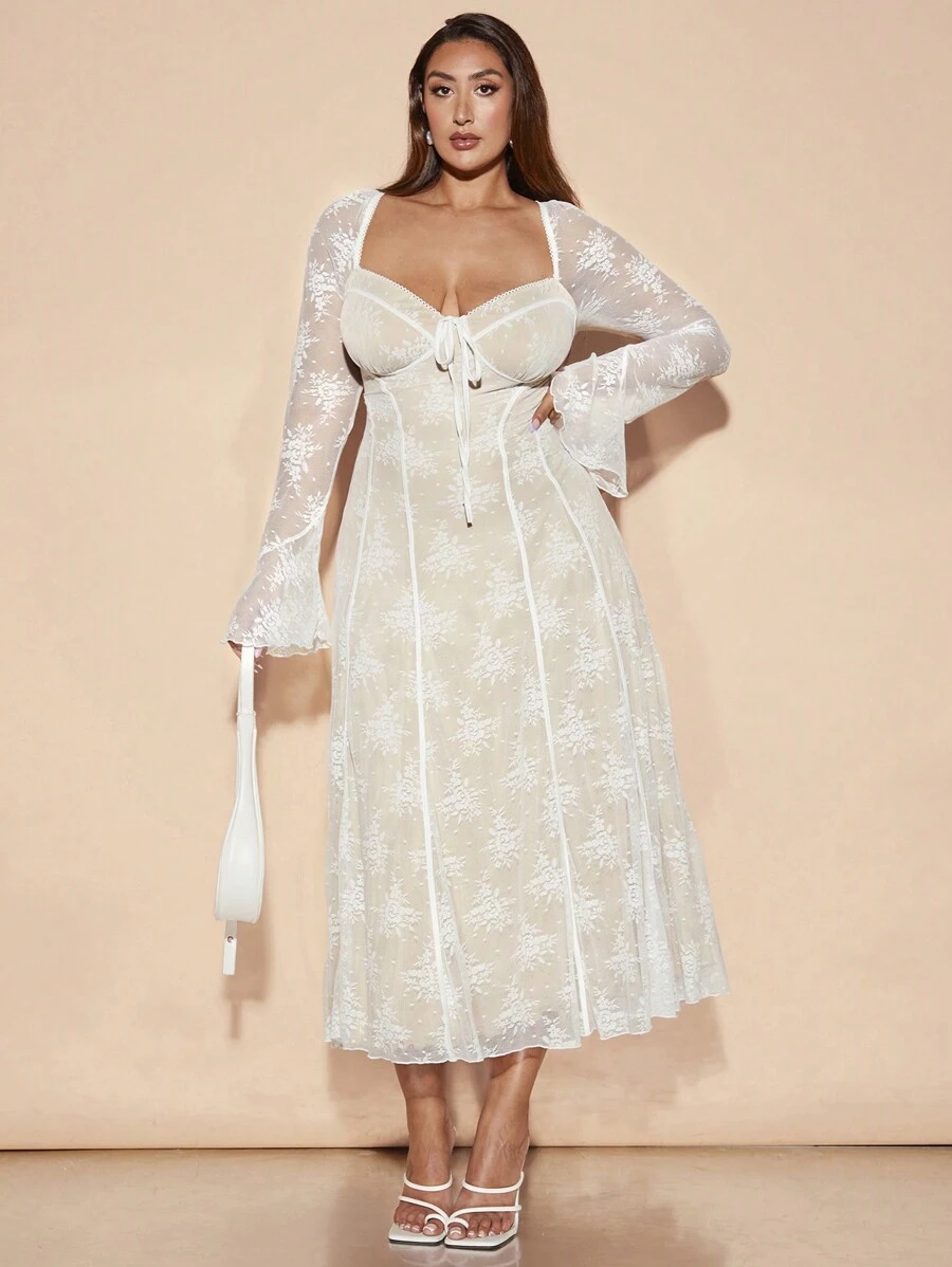 SHEIN BAE Plus Size Women's Sweet Party Date Lace Bust Ruffled Trim Short Dress,Elegant Dresses For Party - White - View 1