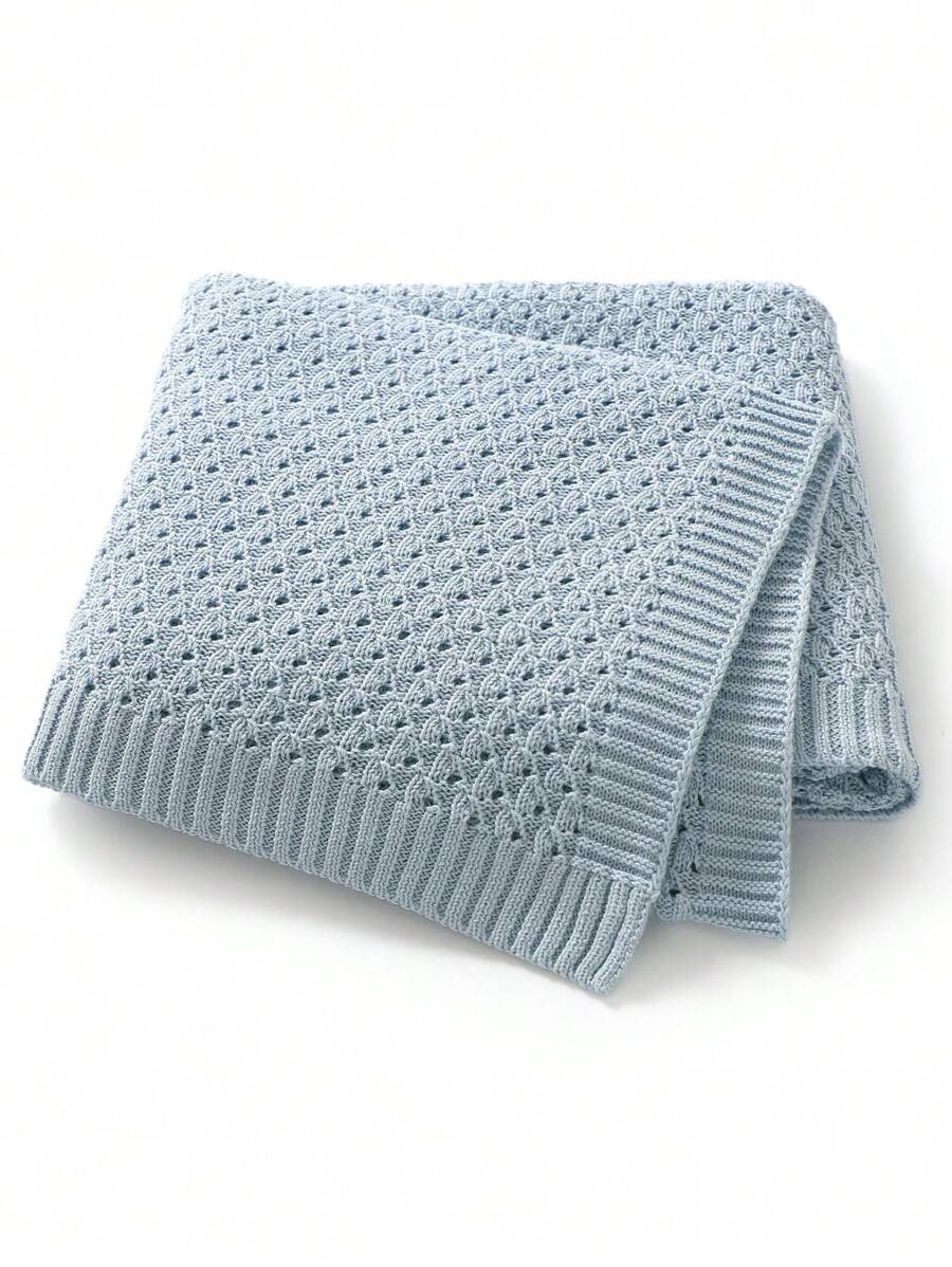 1pc Knitted Baby Swaddle Blanket, Soft & Simple Multi-Purpose Infant Stroller Blanket, Nap Cover, 4-Season Baby Blanket - Baby Blue - View 1