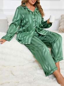 Plus Size Striped Long Sleeve Top And Pants Pajama Set Cozy Outfits, Fall Winter Clothes - Green - View 1