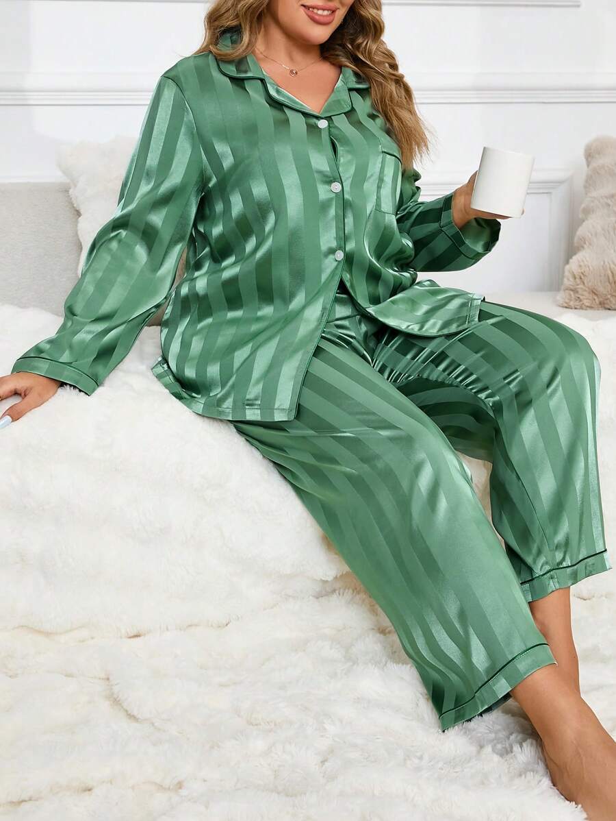 Plus Size Striped Long Sleeve Top And Pants Pajama Set Cozy Outfits, Fall Winter Clothes - Green - View 1
