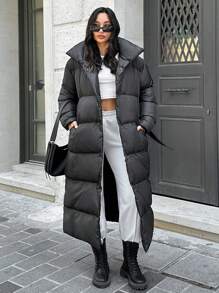 SHEIN Tall Tall Women's Slant Pockets Single Breasted Puffer Coat - Black - View 5