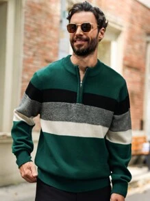 Manfinity Homme Men's Casual Color Block Zipper Knitted Long Sleeve Sweater - Multicolor - View 4