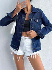 EURMUSE Flap Pocket Button Front Denim Jacket - Medium Wash - View 3