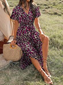 SHEIN Clasi Women Summer Leopard Print V-Neck Lotus Leaf Short Sleeve Waist Long Casual Dress