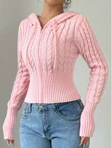 Flirla 女士纯色抽绳连帽开衫，春秋季，长袖上衣 - 粉色 - 查看 5