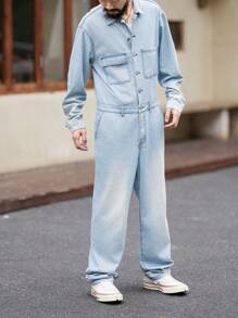 Manfinity Homme Bộ áo liền quần denim có nút nắp phía trước dành cho nam giới - Rửa nhẹ - Xem 3