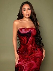 SHEIN SXY Women's Floral Print Bodycon Bandeau Cocktail Dress - Burgundy - View 6