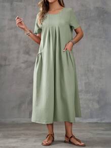 EMERY ROSE 女士纯色简约短袖圆领休闲连衣裙 - 薄荷綠 - 查看 3