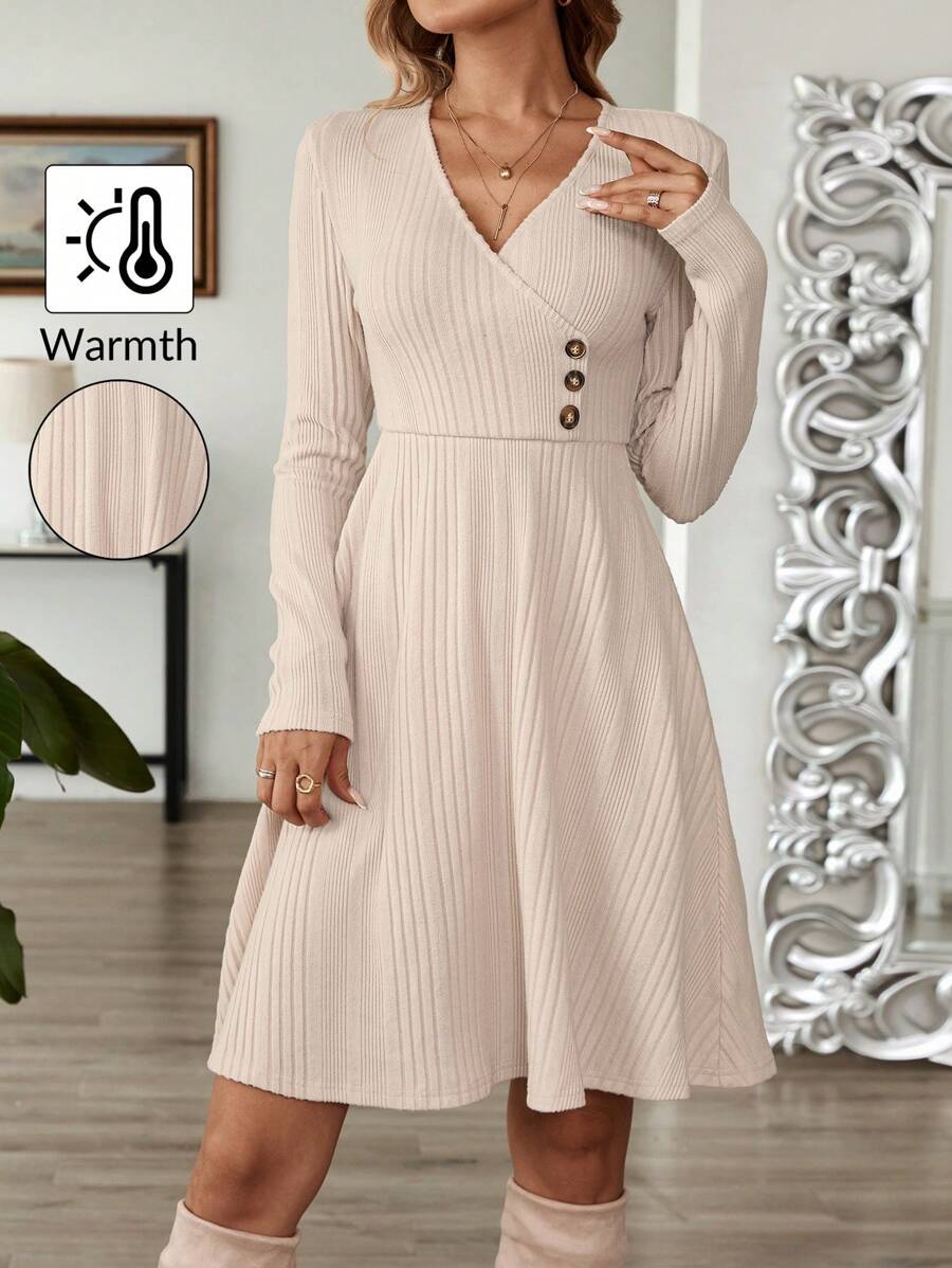EMERY ROSE Đầm dài tay đơn giản hàng ngày màu trơn cho nữ - Màu be - Xem 1