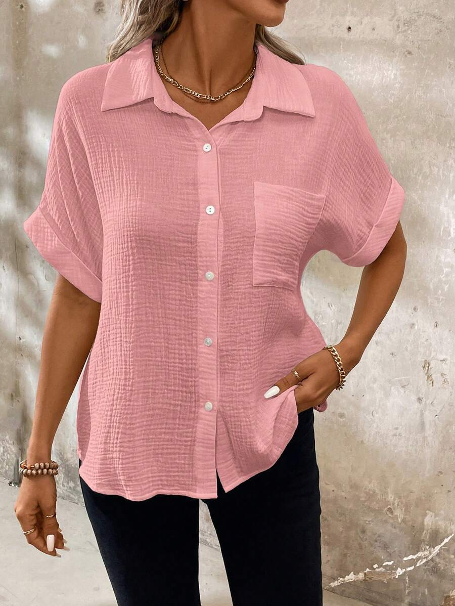 SHEIN LUNE 女士纯白色绉布双层口袋门襟纽扣休闲衬衫 - 粉色 - 查看 1