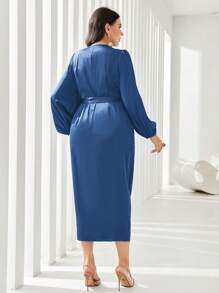 Modelyn 大码纯色抽绳灯笼袖休闲长款晚礼服 - 藍色 - 查看 2