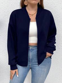 SHEIN LUNE 大码长袖拉链纯色简约运动户外时尚夹克 - 藏蓝色 - 查看 6