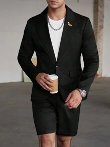 Manfinity Bizformal Traje casual de negocios para hombres con logo de águila bordado en oro, de manga corta y color negro. Conjunto de dos piezas para hombre, ideal para el esposo