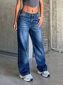 SHEIN Cottnline Low Waist Button Belt Detailed Straight Jean - Dark Wash - View 8