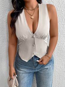 SHEIN Privé Plus Size Elegant V-Neck Buttoned Waist Slim Apricot Cardigan Jacket For Women, Spring Summer Autumn - Apricot - View 1