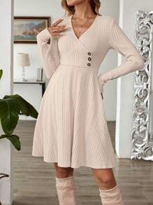 EMERY ROSE Đầm dài tay đơn giản hàng ngày màu trơn cho nữ - Màu be - Xem 4