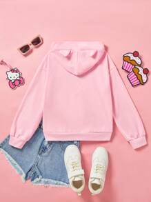 HELLO KITTY AND FRIENDS | SHEIN Tween Girl Cartoon Applique Embroidered Cute Hoodie In Pink