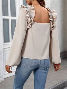 SHEIN Clasi 女士纯色荷叶边露背休闲衬衫 - 杏色 - 查看 2