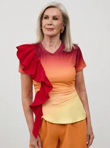 SHEIN LUNE Ensemble deux-pièces femme, T-shirt à col V à volants dégradé et pantalon, manches courtes, été - Multicolore - Voir 3