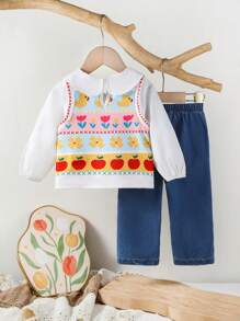 SHEIN Baby Girls' Casual Floral Print 2 In 1 Shirt Top And Washed Denim Pants, Holiday Style - Multicolor - View 2
