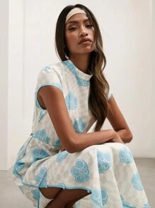 COSMINA 女士优雅格纹花卉印花侧开衩连衣裙，