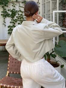 DAZY Letter Embroidered Crop Collared Long Sleeve Women's Shirt,Fall Clothes - Apricot - View 2