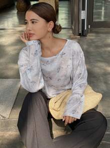 DAZY Loose Floral Print Round Neck Long Sleeve T-Shirt For Women Sheer,Fall Clothes Graphic Tee - Grey - View 8
