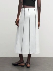 BizChic Falda de punto acampanada de cintura elástica con contraste de color para atuendos de mujer en otoño - Blanco - Ver 3