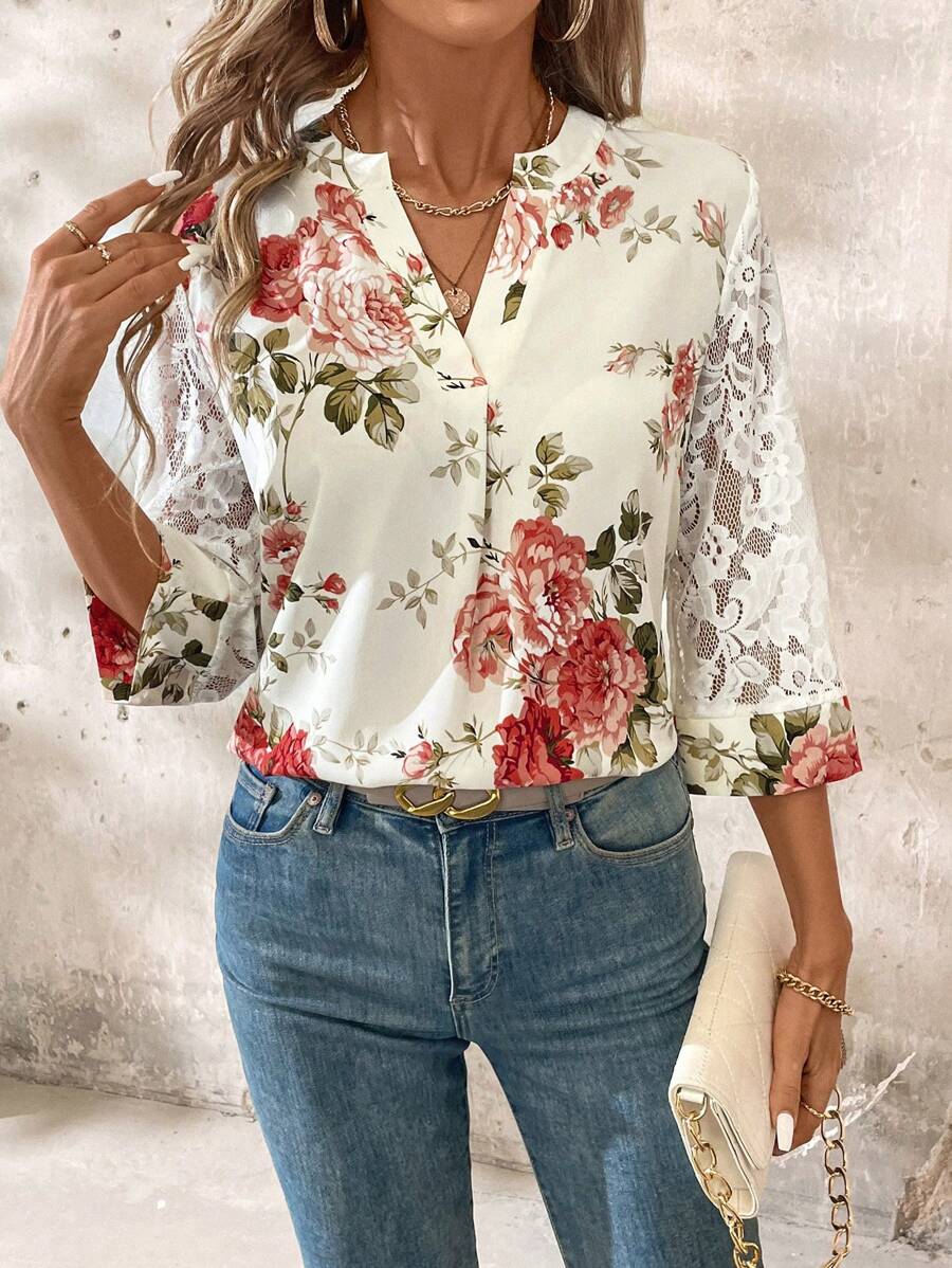 SHEIN Clasi Blusa con cuello en V, manga con encaje y estampado floral para mujeres - Multicolor - Ver 1