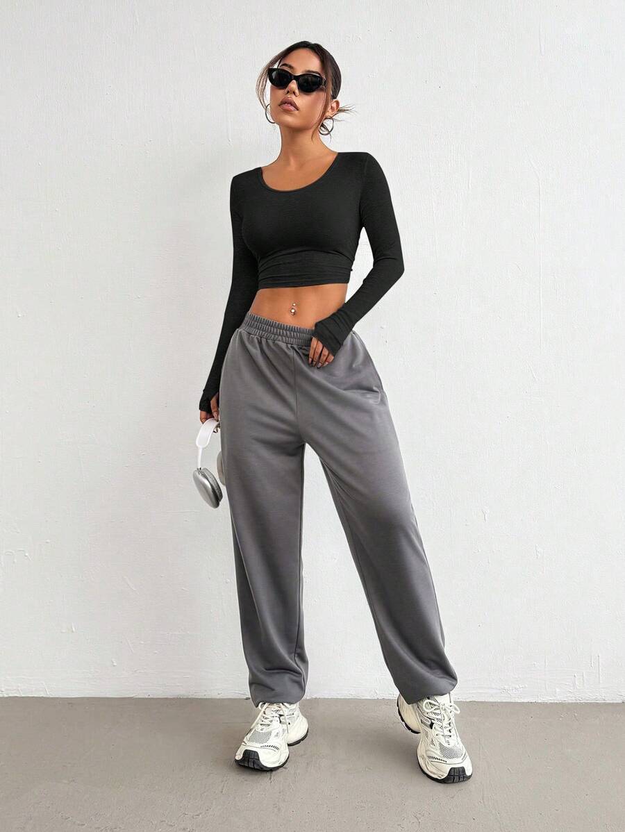 Easithlete Nuevo conjunto de ropa deportiva casual para mujeres, ropa informal con diseño transpirable y cómodo para correr al aire libre, entrenamiento, yoga - Negro - Ver 1